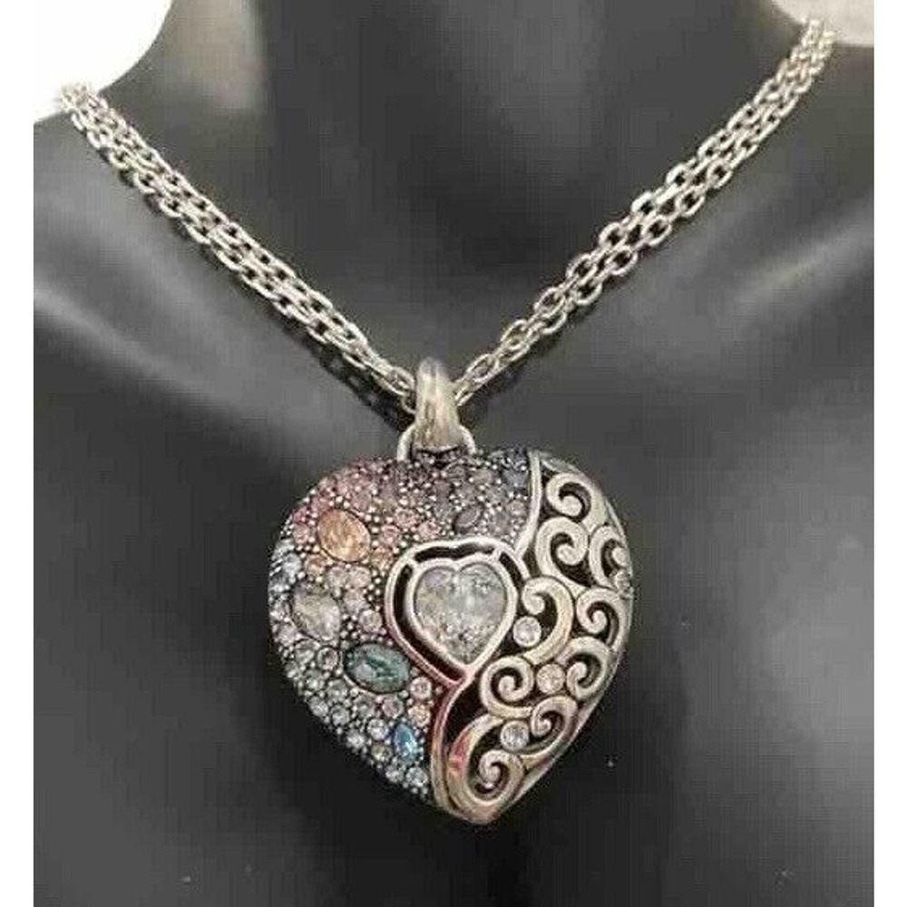 Brighton Ecstatic Heart Pink & Blue Crystal Heart Silver Pendant Necklace NWT